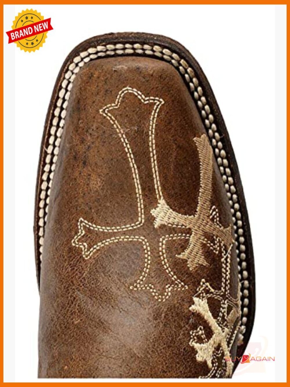 Distressed Leather Square Toe Embroidered Mid-Calf Boots - Picture 5 of 6